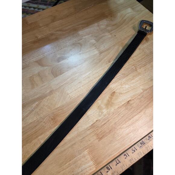 Landes Italian Black leather rhinestone belt silver buckle 39" Made In Canada - Picture 8 of 8